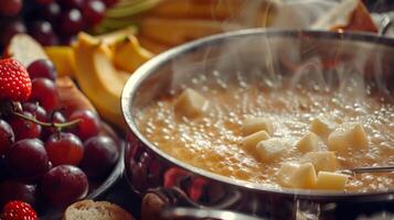 A pot of rich velvety fondue bubbles and steams ready to be dipped with chunks of crusty bread and fresh fruit photo