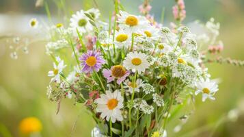 The table is adorned with a simple bouquet of wildflowers handpicked from the nearby meadow photo
