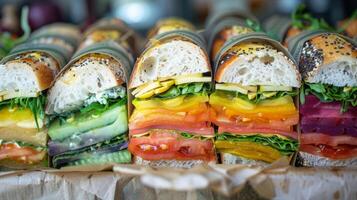 A colorful array of sandwiches made with organic ingredients and wrapped in compostable paper stacked in a basket photo