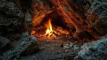 A small fire crackling in the corner of the cave providing a cozy atmosphere and a place to roast marshmallows for smores photo