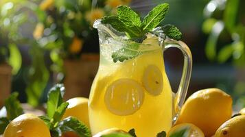 A pitcher of cool refreshing lemonade made with lemons from a nearby grove and sprinkled with fresh mint leaves photo