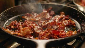 The sound of sizzling butter in a cast iron skillet as it cooks a batch of crispy bacon over the stove photo
