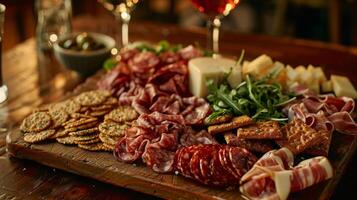 A wooden ting board covered in a spread of creamy cheeses cured meats and locally made crackers making for a perfect predinner snack photo