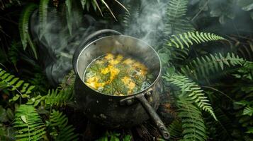 A pot of boiling water surrounded by an abundance of wild ferns being used to make a flavorful tea foraged from the rainforest photo