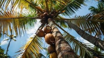 A person carefully balancing on a tree branch reaching out to collect ripe coconuts from the towering palms above photo