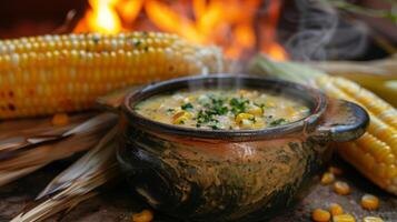 A bowl of steaming creamy corn chowder is served as a starter made with corn picked at the peak of its riss and cooked on an open fire photo
