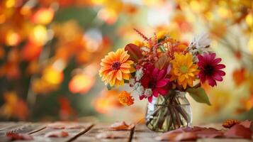 A vase of fall flowers adds a pop of color to the table complementing the autumn foliage backdrop photo