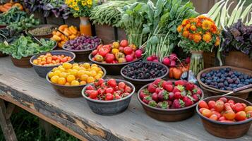 A colorful array of fruits and vegetables displayed on a rustic wooden table inviting participants to experiment with new flavors photo