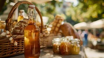 A bottle of crisp apple cider sits on a wicker basket filled with goodies including jars of homemade preserves and a loaf of crusty bread from a local bakery at the farmers market photo