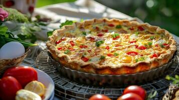 A locallymade quiche filled with farmfresh eggs vegetables and cheese enjoyed by a family during a picnic in the park with ingredients gathered from the farmers market earlier tha photo