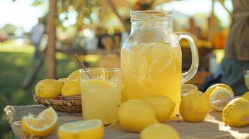 A refreshing pitcher of freshlysqueezed lemonade made with juicy lemons and sweetened with honey from a local beekeeper all found at the farmers market photo