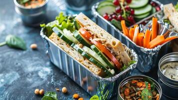 A sandwich neatly wrapped in foil is nestled between a container of sliced cucumbers and a handful of trail mix creating a perfect picnic on the go photo
