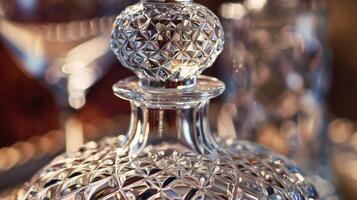 The crystal decanter boasts a carved stopper adding an extra touch of opulence to the set photo