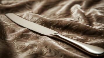 The handle of a sleek silver butter knife with a simple yet refined design resting on a luxurious velvet tablecloth photo