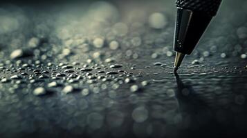 An extreme closeup of a digital pen pressing against the smooth surface of a tablet capturing the intricacies of the pens tip and the surface texture of the tablet photo