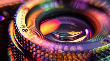 The metallic texture of a highend camera dial catching the light and reflecting a rainbow of colors photo