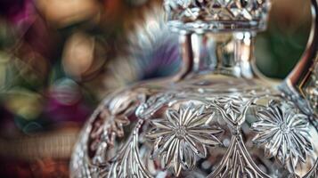 A closer look at the delicate etchings on a vintage crystal decanter an elegant touch to any wine presentation photo