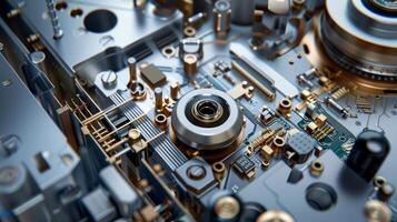 A detailed view of the internal components of a smart door lock including the circuit board and wiring. The compact design and complex array of electronic parts demonstrate the advance photo
