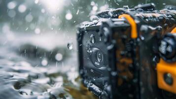 The rugged housing of an action camera is visible in extreme closeup highlighting its durable design that can withstand the elements while capturing thrilling footage photo