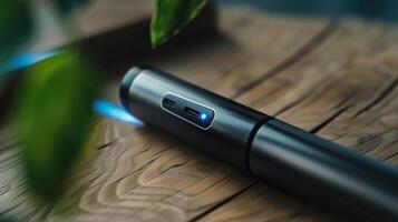 The charging tip of a smart pen is captured in a detailed shot showcasing its magnetic connection to the dock. The bright LED light indicates that the pen is fully charged and read photo