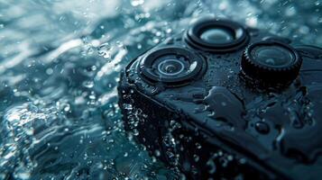 The curved edges of an action cameras waterproof casing are showcased in closeup emphasizing its ability to be submerged in water and still function flawlessly photo
