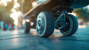 A macro shot of an electric skateboards hub motor highlighting its compact size and powerful performance photo