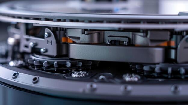 Macro image of the underside of a robot vacuum revealing its complex system of rollers and sensors for efficient and effective cleaning photo