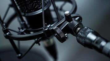 A shot from above shows the mechanical details of a mic stand with its adjustable arms and s visible allowing for precise positioning and customization photo