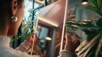 Closeup of a smart mirror with a rose gold frame showing the reflection of a person scrolling through their social media feed on the touch screen photo