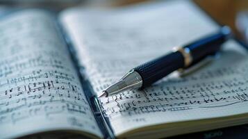 A side view of a smart notebook page with a removable digital divider showing handwritten notes on one side and a digital audio recording on the other photo