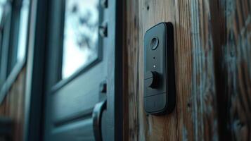 A closeup of a smart doorbells button revealing its seamless design and durable materials photo