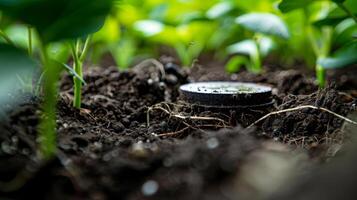 The probe of a smart plant sensor covered in dirt and surrounded by roots showcasing its seamless integration into the plants environment photo