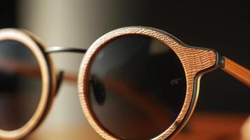 These smart sunglasses have polarized lenses for added protection and a unique frame design with a wooden finish. The arms of the sunglasses have a textured surface which helps wit photo
