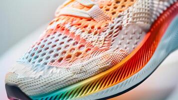 A closeup of the side of the running shoe showcases its unique design. The upper part is made of a breathable mesh material while the midsole features a gradient of colors indicatin photo
