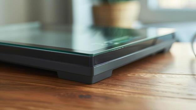 An angled shot of a sleek and modern smart weight scale displaying its tempered glass surface and advanced sensors photo