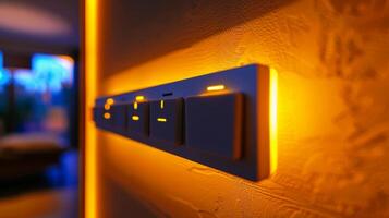 An upclose view of a customizable smart light switch with a variety of color options for the backlight and controls photo