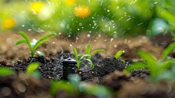 A macro shot of a smart sprinkler sensor which measures moisture levels in the ground and adjusts watering accordingly. The sensor is embedded in the ground and has small delicate probe photo