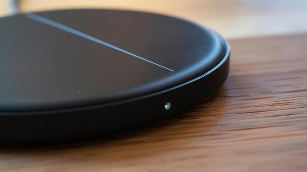 A macro photo of a wireless charging pad in the shape of a triangle. The pad has a matte black finish and a small LED light in the corner to indicate charging