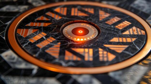 un detallado imagen de un inalámbrico cargando almohadilla presentando un geométrico modelo en el superficie. el almohadilla tiene un mezcla de mate y lustroso losas y un LED indicador ligero en el centrar foto