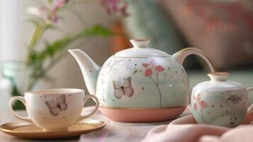 A porcelain teapot in a soft pastel hue featuring a handetched leaf pattern and a gold band around the lid paired with two small tea cups adorned with a delicate butterfly design photo