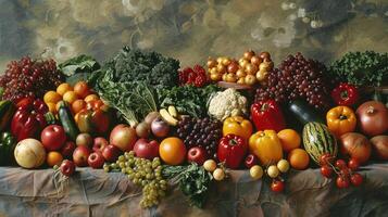 An array of colorful fruits and vegetables displayed on a table highlighting the bounty of organic farming photo