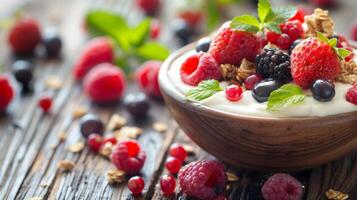A rustic wooden table is adorned with a colorful spread of freshly picked berries creamy yogurt and crunchy granola photo