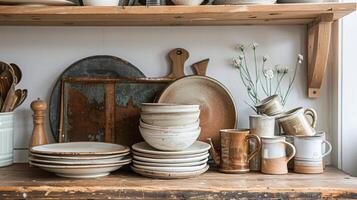 A stack of mismatched ceramic plates and mugs add to the cozy and eclectic feel of the space photo