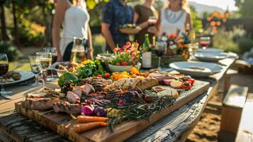 A platter filled with grilled meats roasted vegetables and fresh bread is set on a rustic outdoor table surrounded by a group of friends eagerly waiting to dig in photo