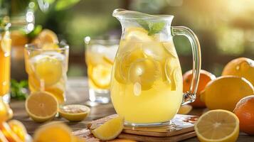 A glass pitcher filled with freshly squeezed lemonade sits on a wooden table with slices of citrus fruits and a stack of glasses beckoning thirsty diners to help themselves photo