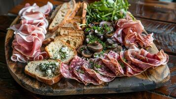 A platter of handcarved cured meats including foraged mushrooms and herbs served with crispy crackers and slices of rustic bread photo