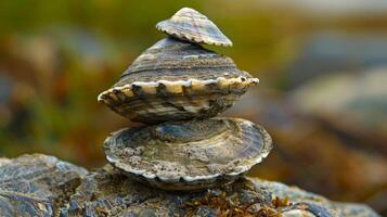 Close up of mussel shells stacked on top of each other resembling a small mountain range photo