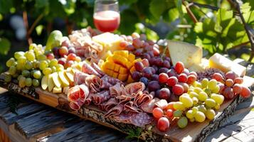A closeup of a charerie board adorned with colorful fruits meats and cheeses set on a rustic wooden picnic table a the vines photo
