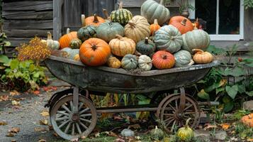 A stack of handpicked pumpkins and gourds arranged in a wheelbarrow outside a quaint farmhouse photo