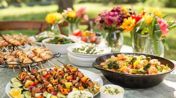 A family celebrates the arrival of spring with a boisterous meal in a meadow complete with grilled veggies succulent shrimp skewers and a variety of fresh zesty dips photo